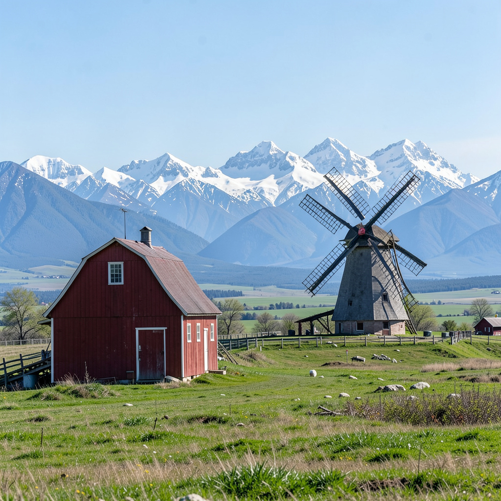 A landscape with a red barn in the foreground at large scale