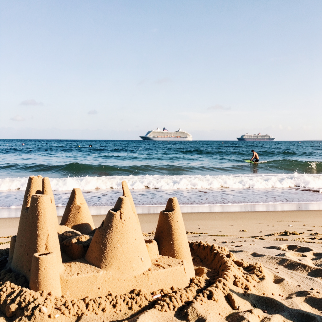 A beach scene with a sandcastle in the foreground, a surfer 
