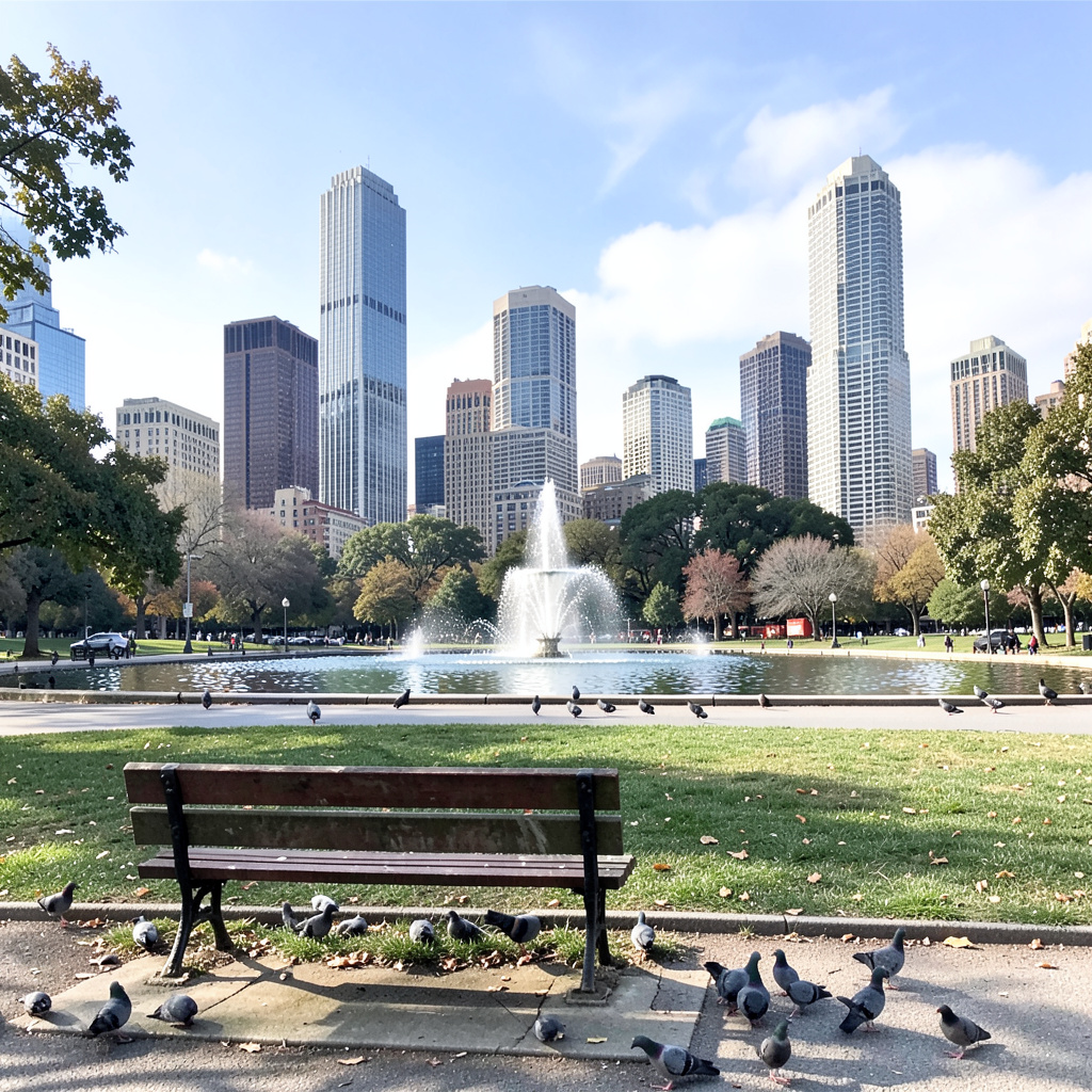A city park with a park bench and pigeons in the foreground,