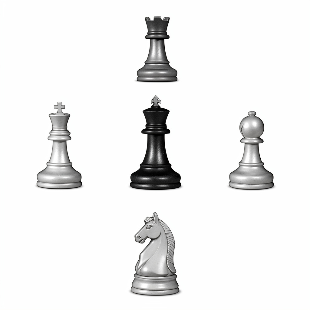 Five chess pieces on a board: a king in the center, a queen 
