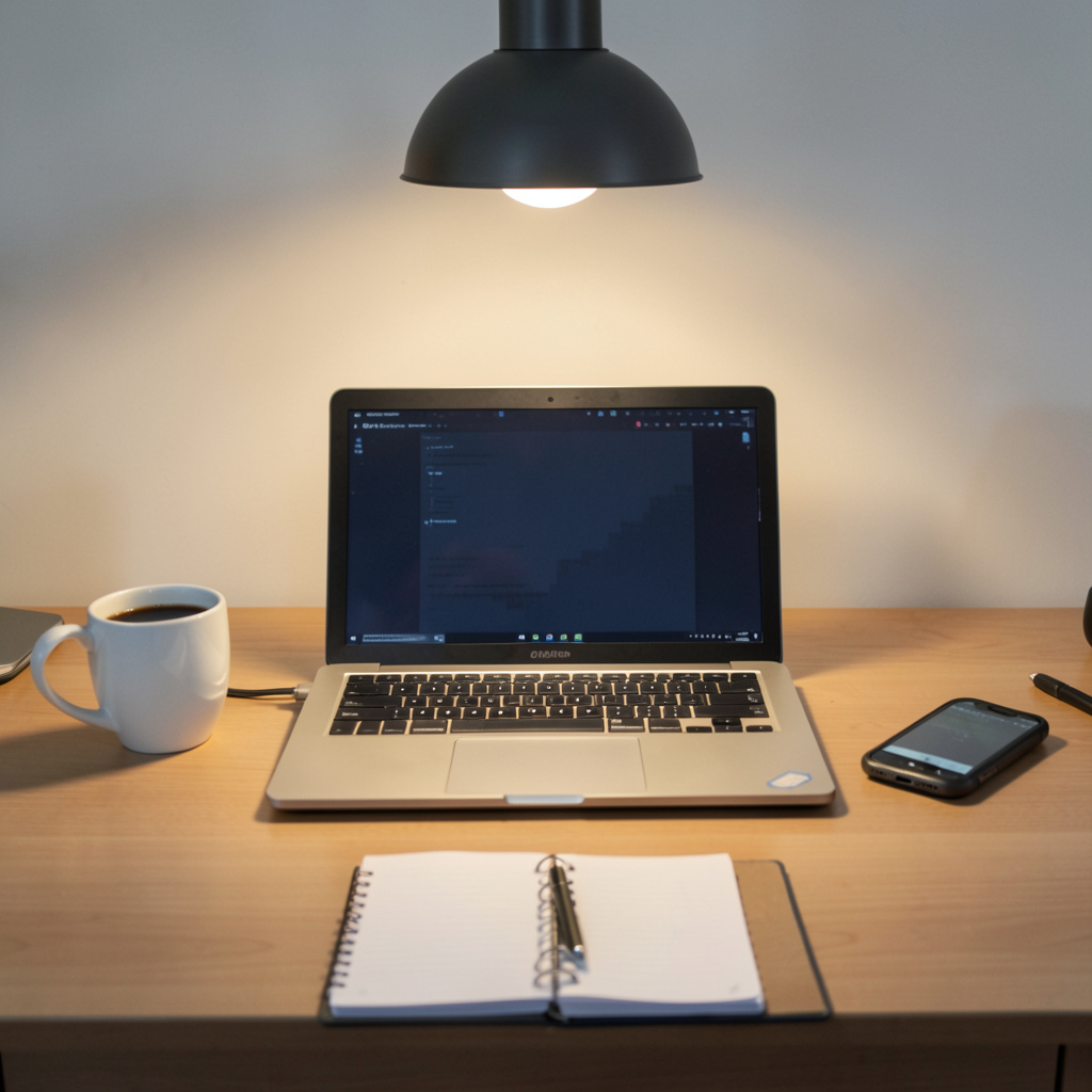 A desk scene: laptop in the center, coffee mug to the left, 