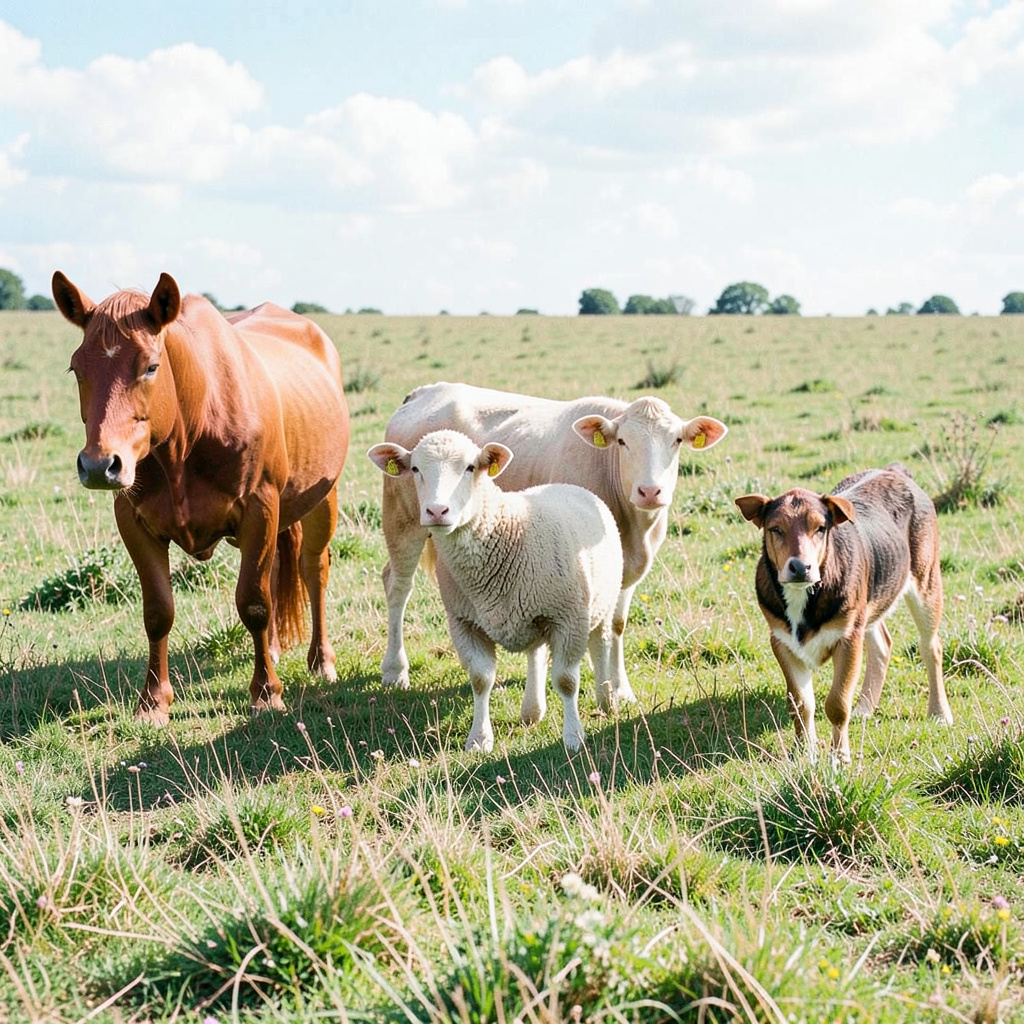 Five animals in a field: a horse on the far left, a cow to t
