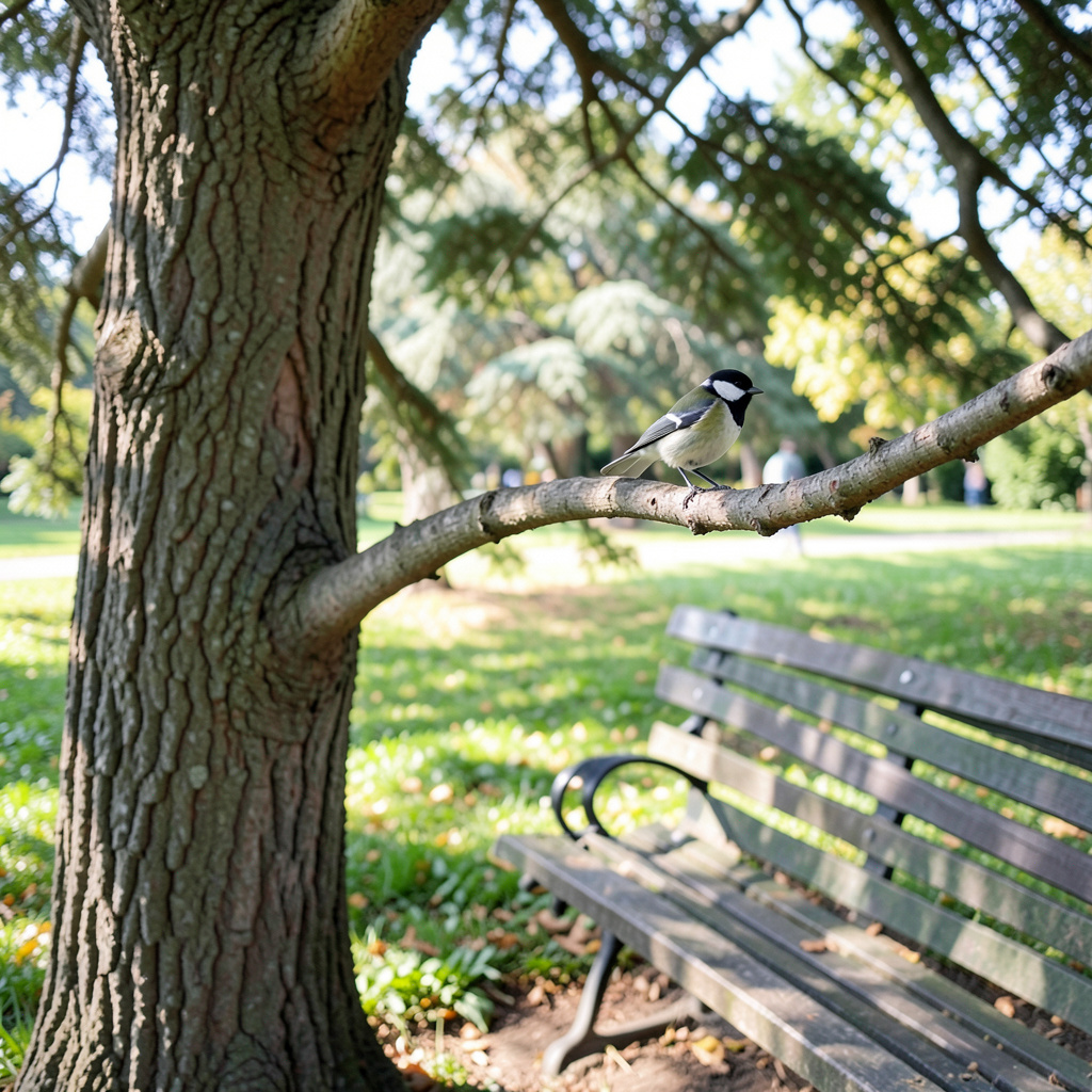 A bird perched on a branch, the branch extending from a tree