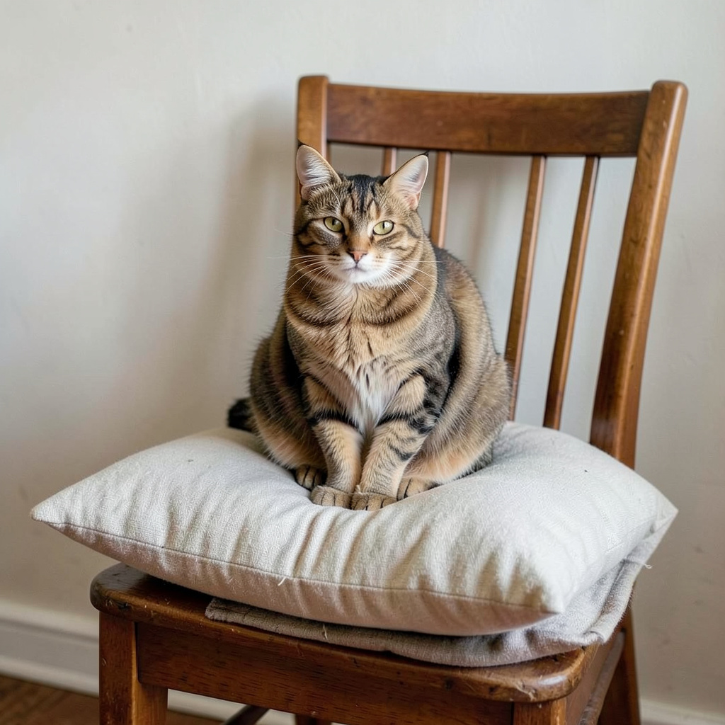 A cat sitting on a pillow, the pillow placed on a wooden cha