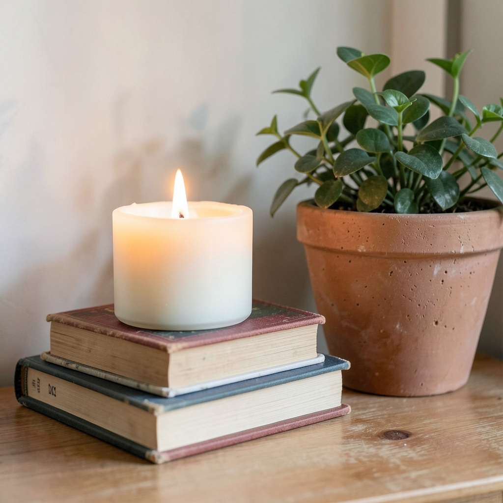 A candle on top of a stack of books, the books next to a pot