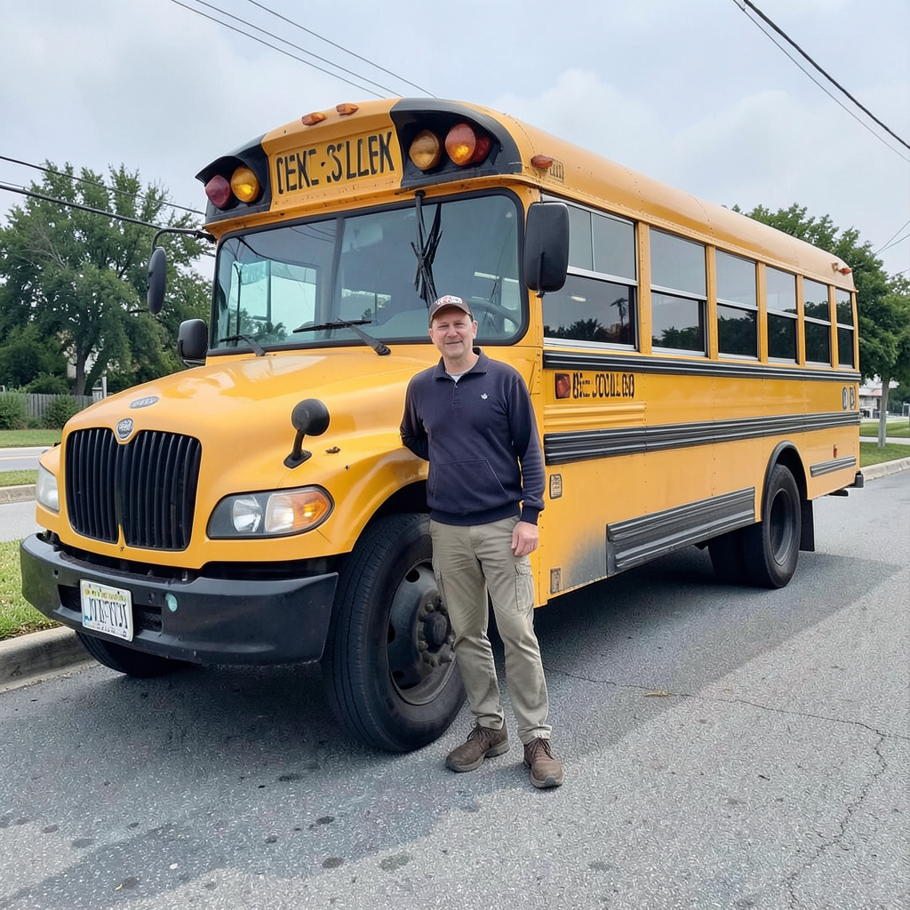 A person standing next to a yellow school bus, showing reali