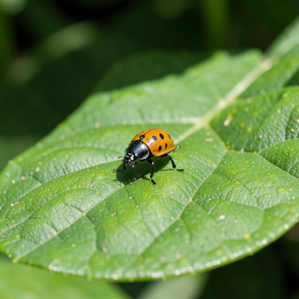 A ladybug sitting on a large green leaf, shown at realistic 