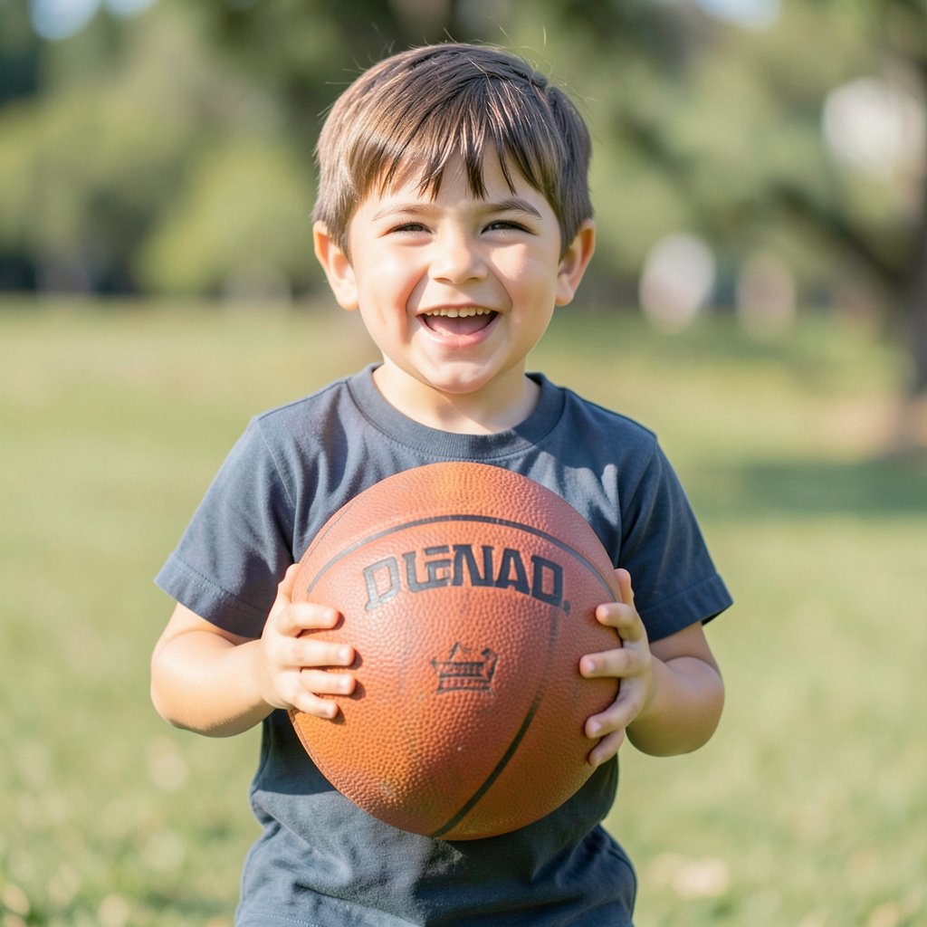 A child holding a basketball, both at correct relative sizes