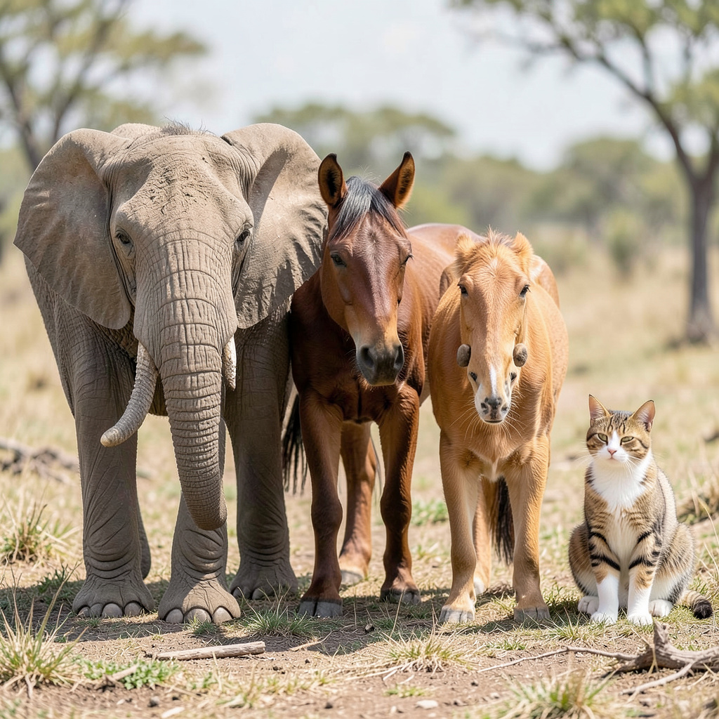 A group photo of an elephant, a horse, a dog, a cat, and a m