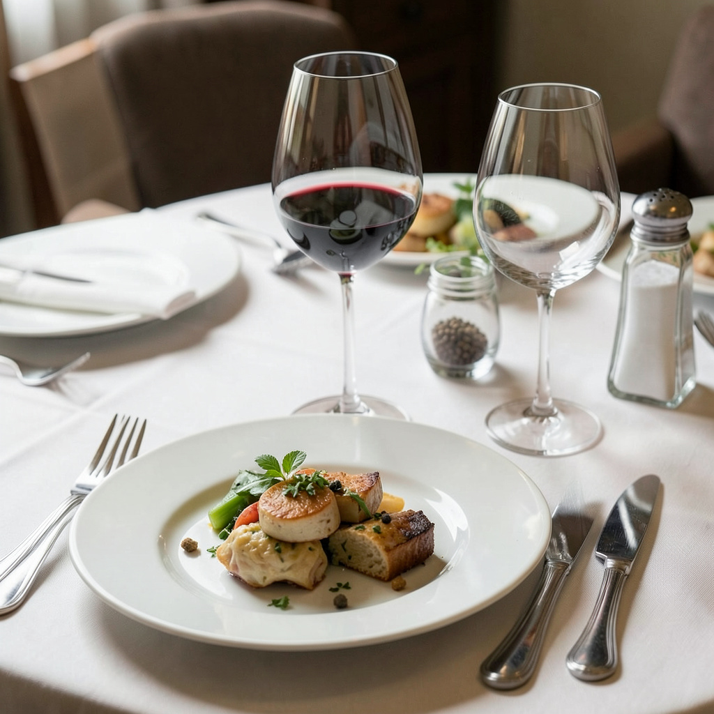 A dinner table scene with a plate, fork, knife, wine glass, 