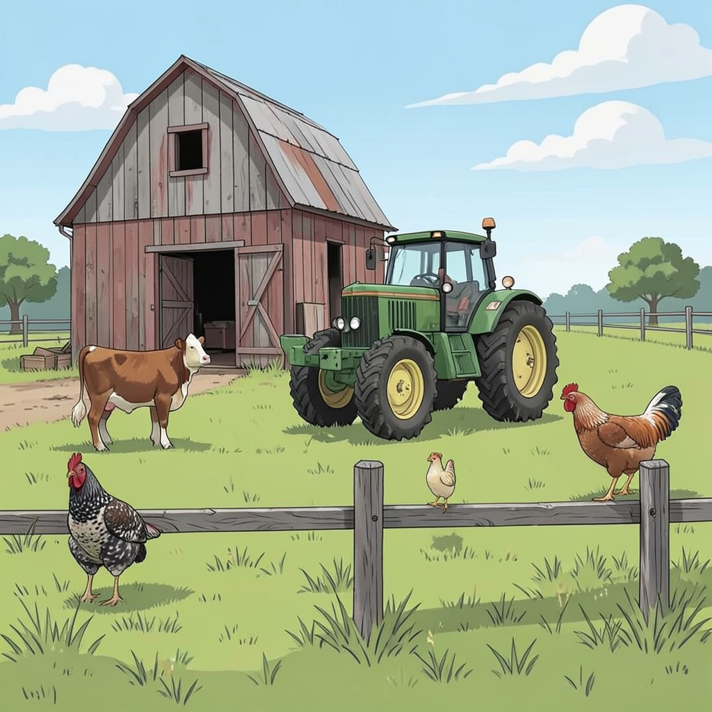 A farm scene with a barn, tractor, farmer, cow, chicken, and