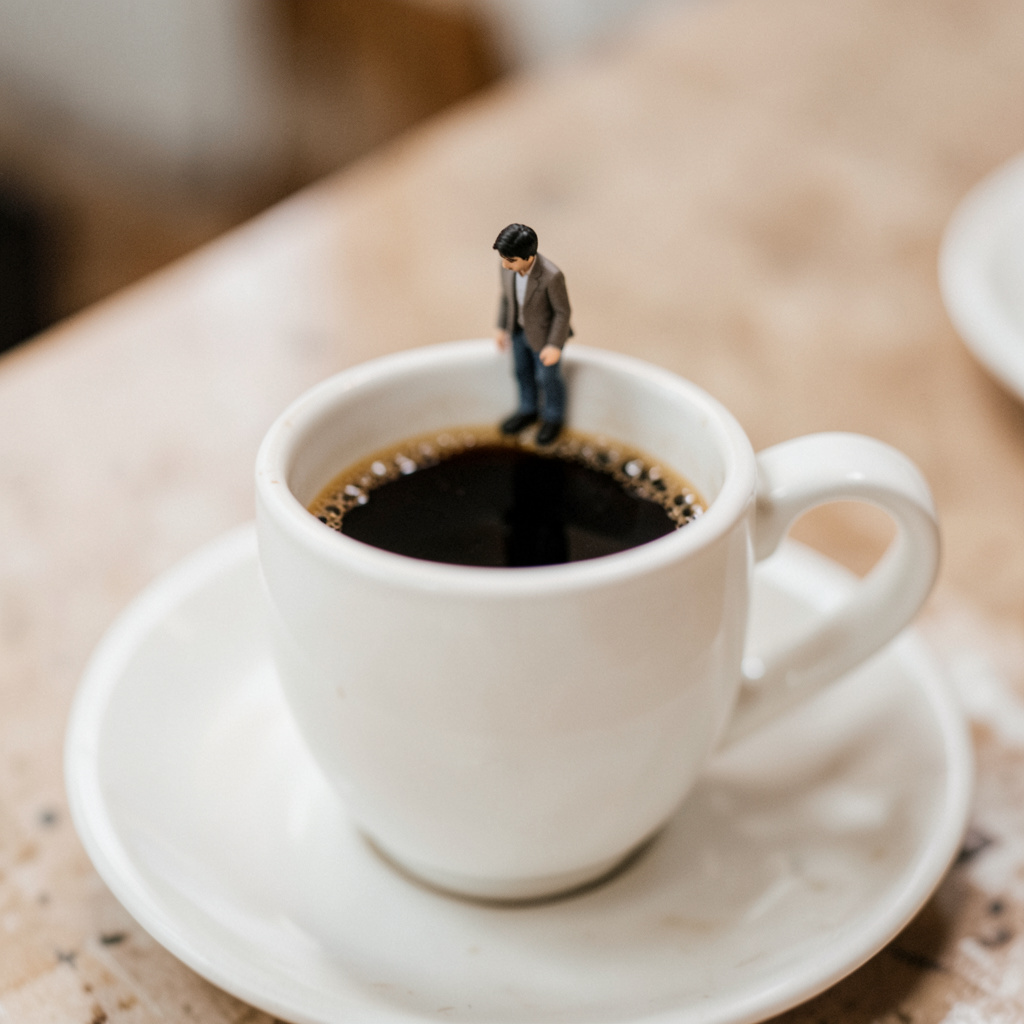 A tiny person standing on the rim of a coffee cup, looking d