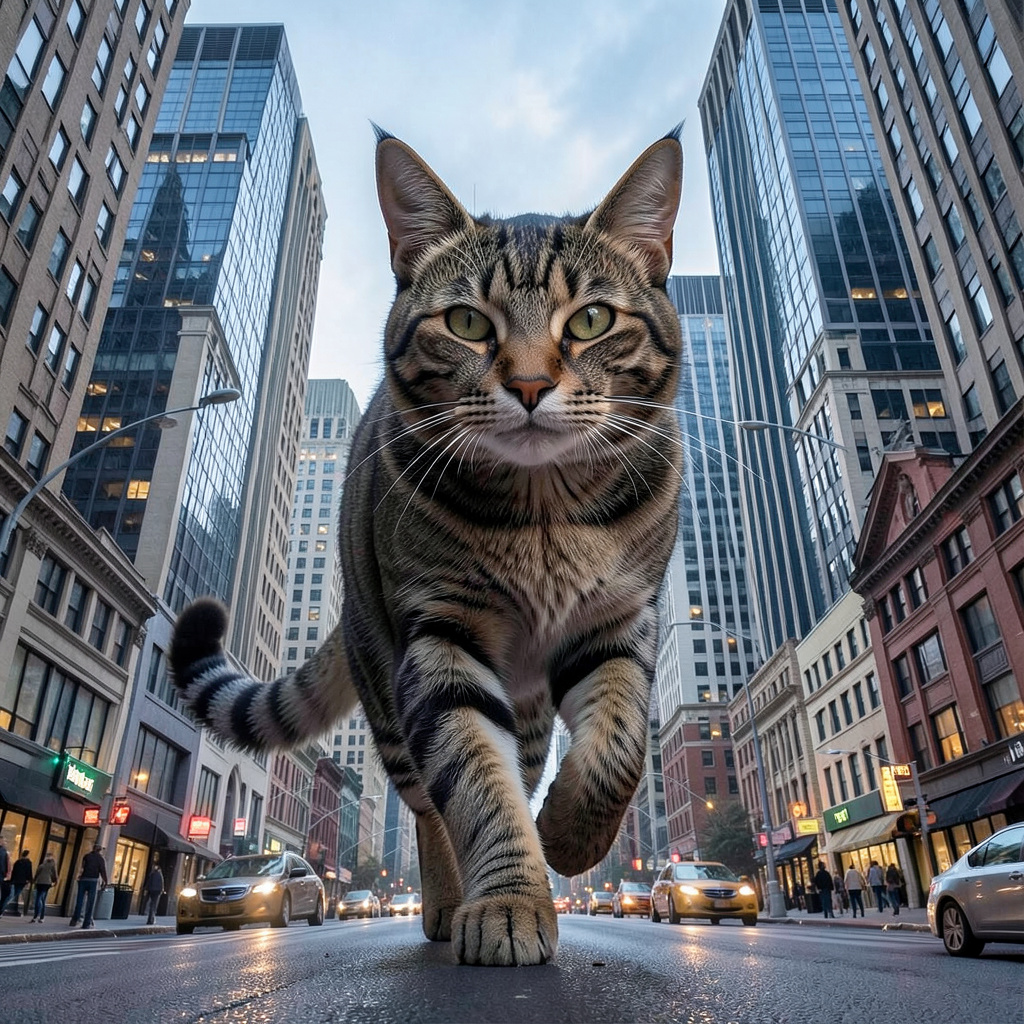 A giant tabby cat walking between city skyscrapers like a ka