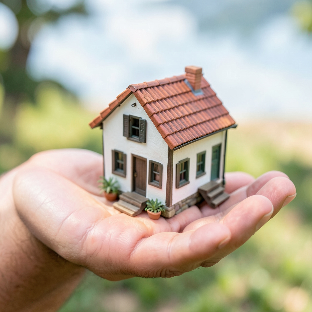 A miniature house sitting on the palm of someone's hand