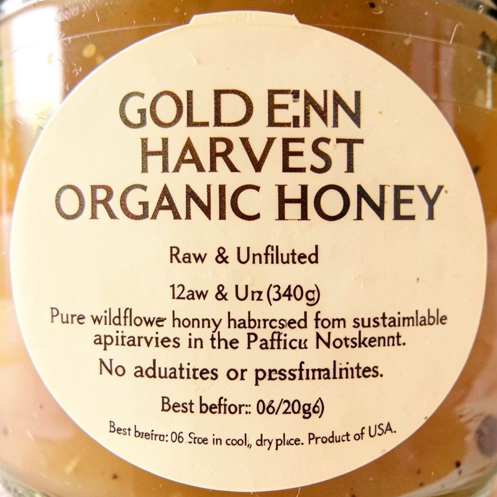 A product label for 'GOLDEN HARVEST ORGANIC HONEY' with subt