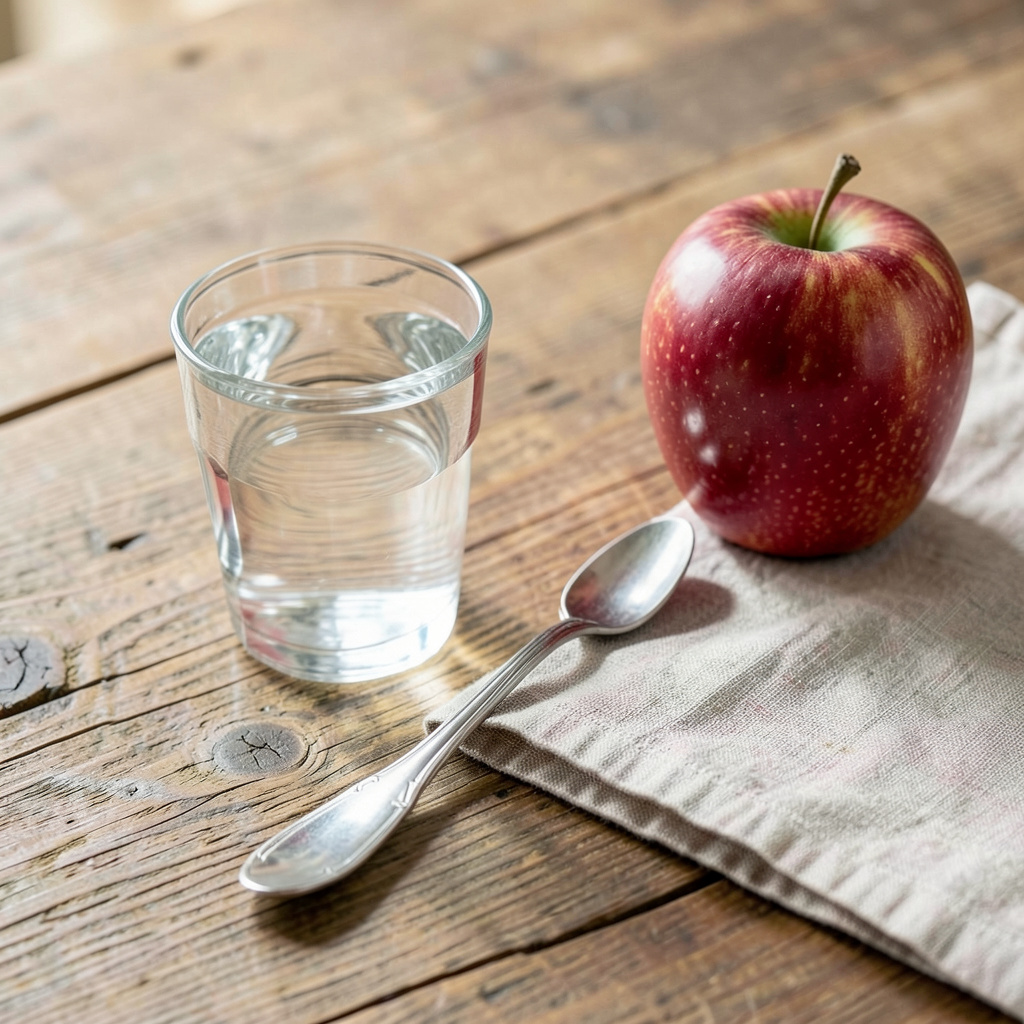 A still life on a wooden table featuring a clear glass of wa