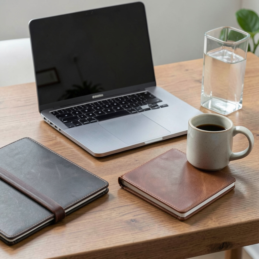 A workspace desk with a brushed aluminum laptop, a leather-b