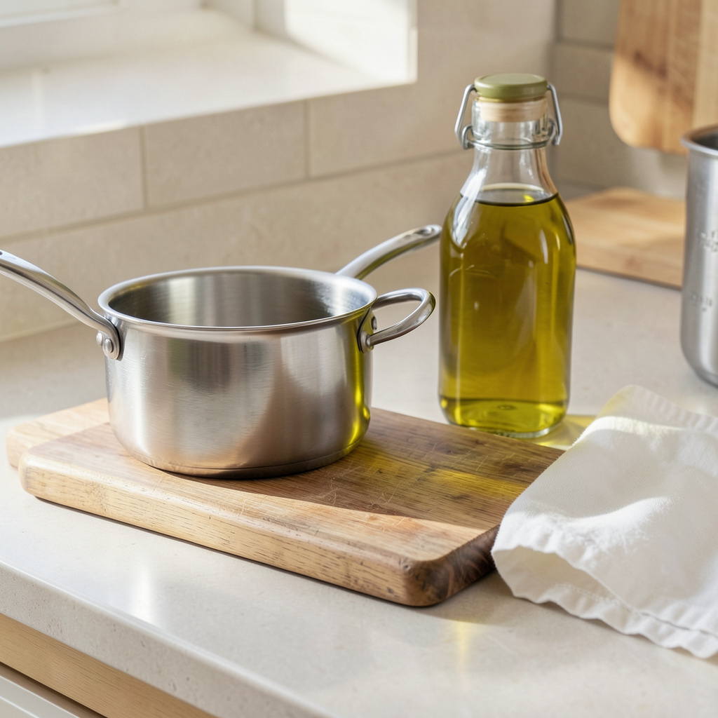 A kitchen counter with a stainless steel pot, a wooden cutti
