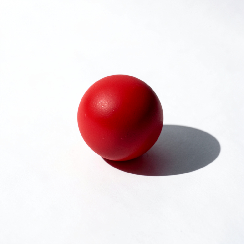 A red sphere on a white surface with a single shadow cast to