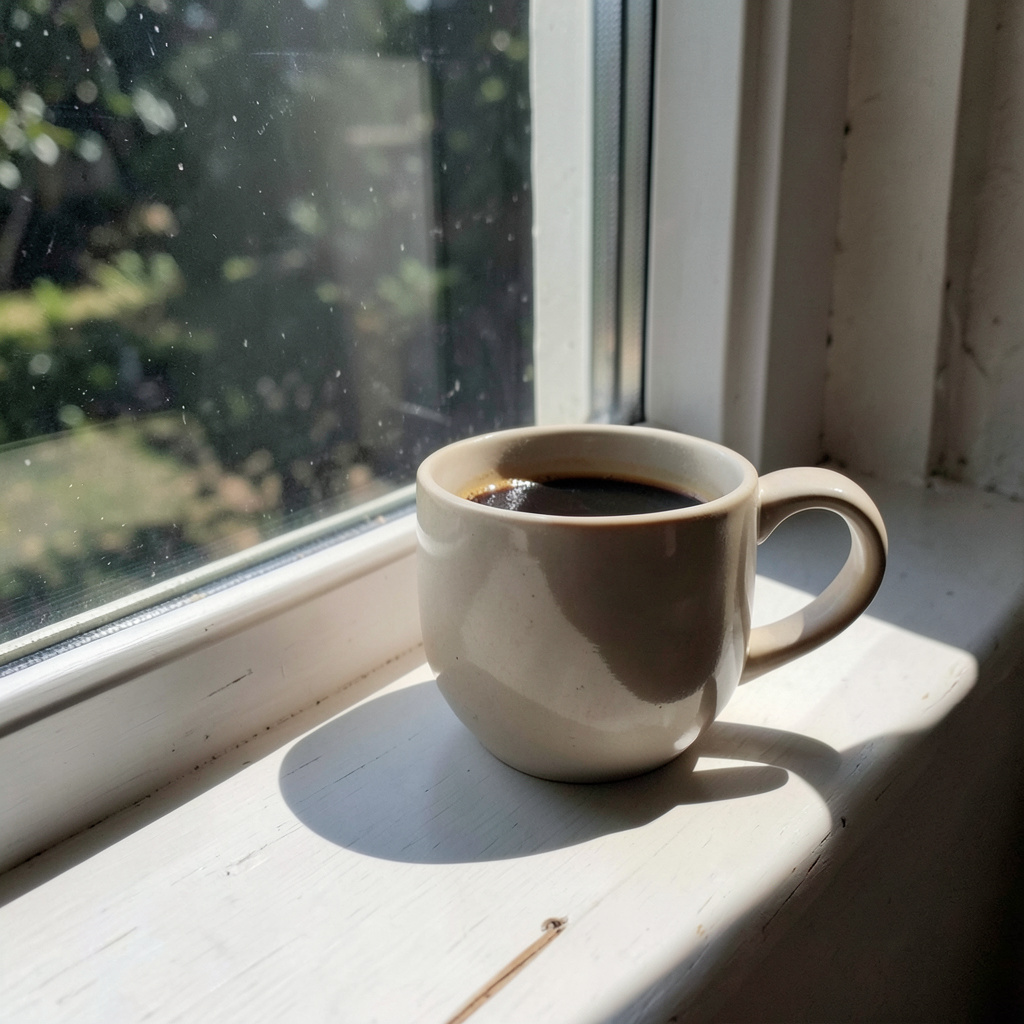 A coffee mug on a sunny windowsill casting a sharp shadow to
