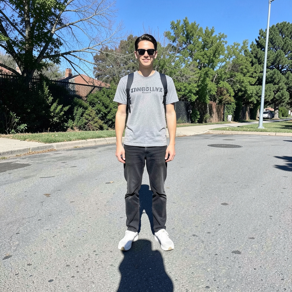 A person standing outdoors at midday with a short shadow dir