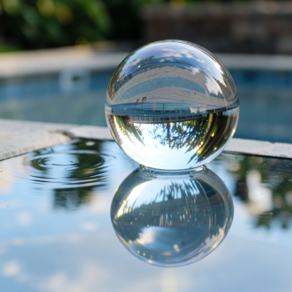 A clear glass sphere sitting on a mirror surface near a pool