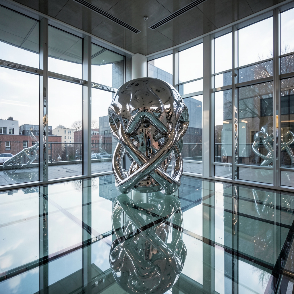 A chrome sculpture in a room with a glass floor and large wi