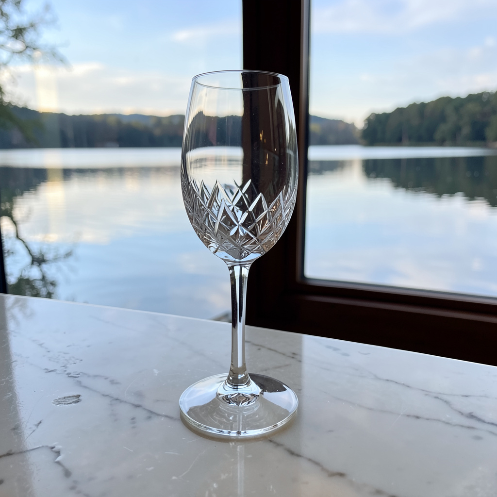 A crystal wine glass on a polished marble counter next to a 