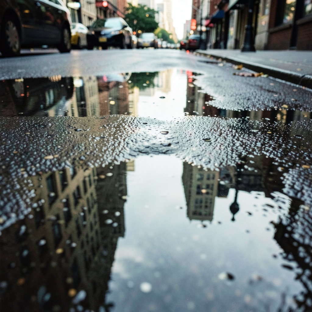 A city skyline reflected in a rain puddle on a street, with 