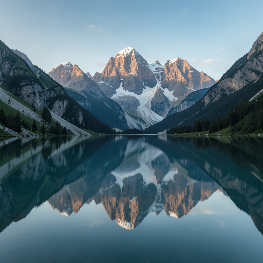A mountain range reflected in a still alpine lake, with the 