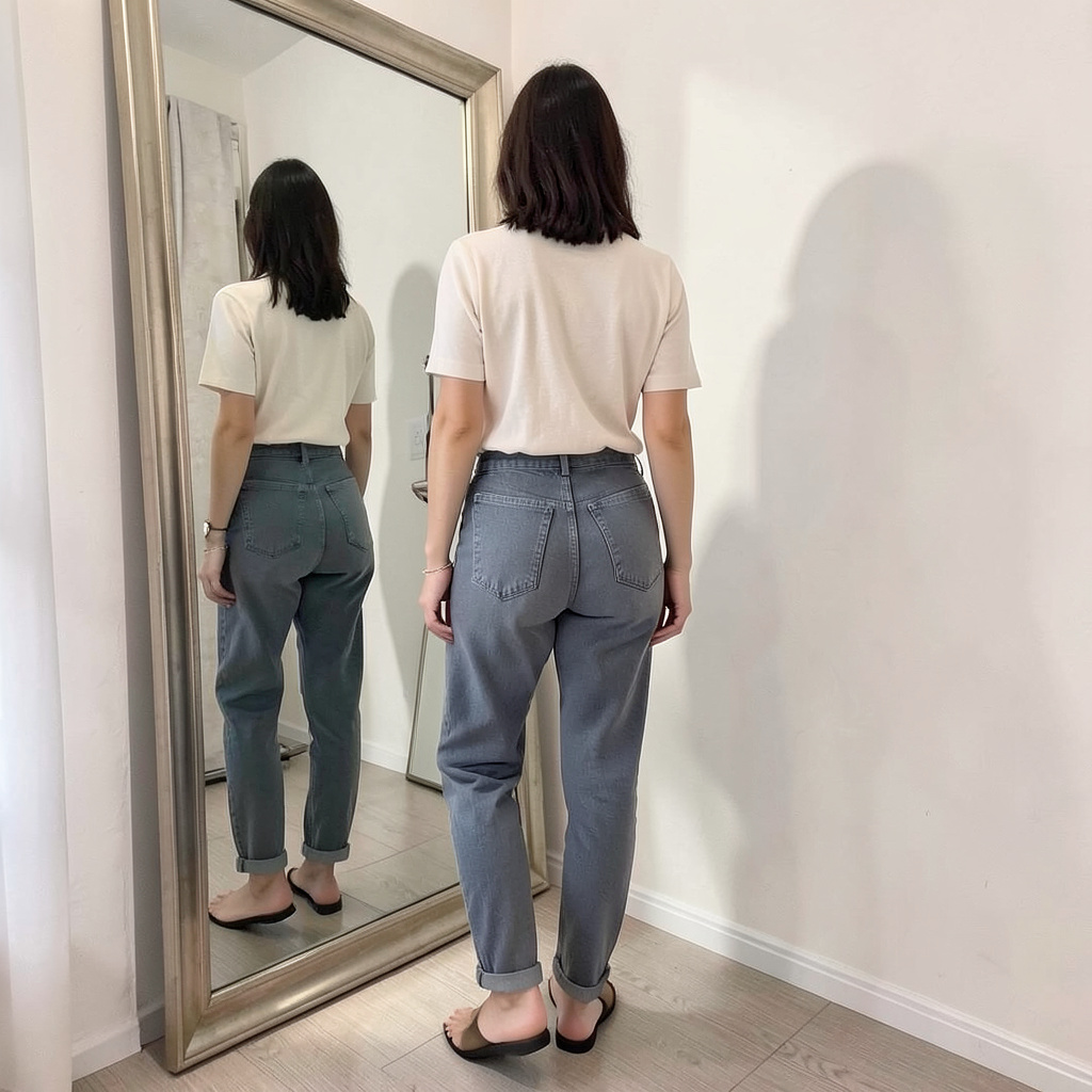 A woman standing in front of a full-length mirror, her refle