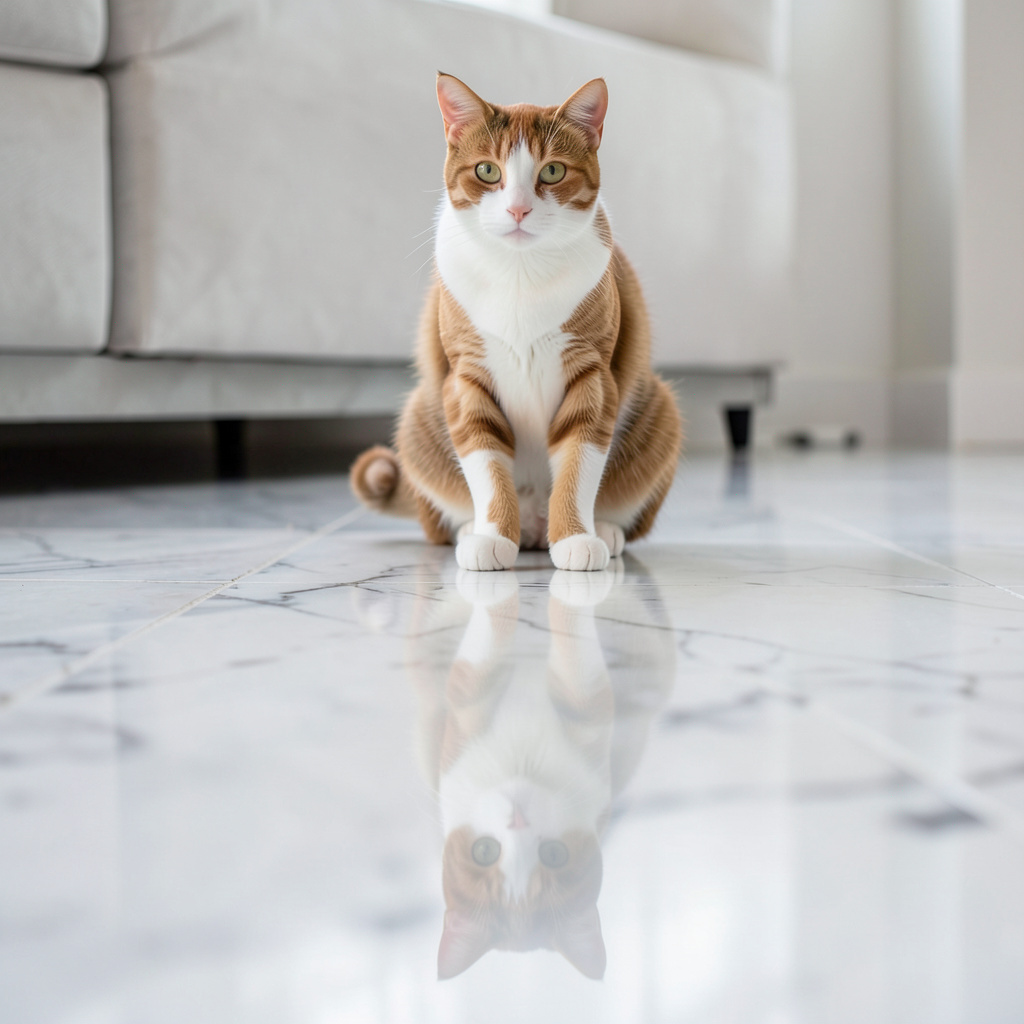 A cat sitting on a polished marble floor with its reflection