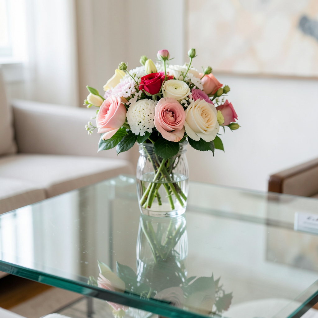 A vase of flowers on a glass table with a clear reflection v