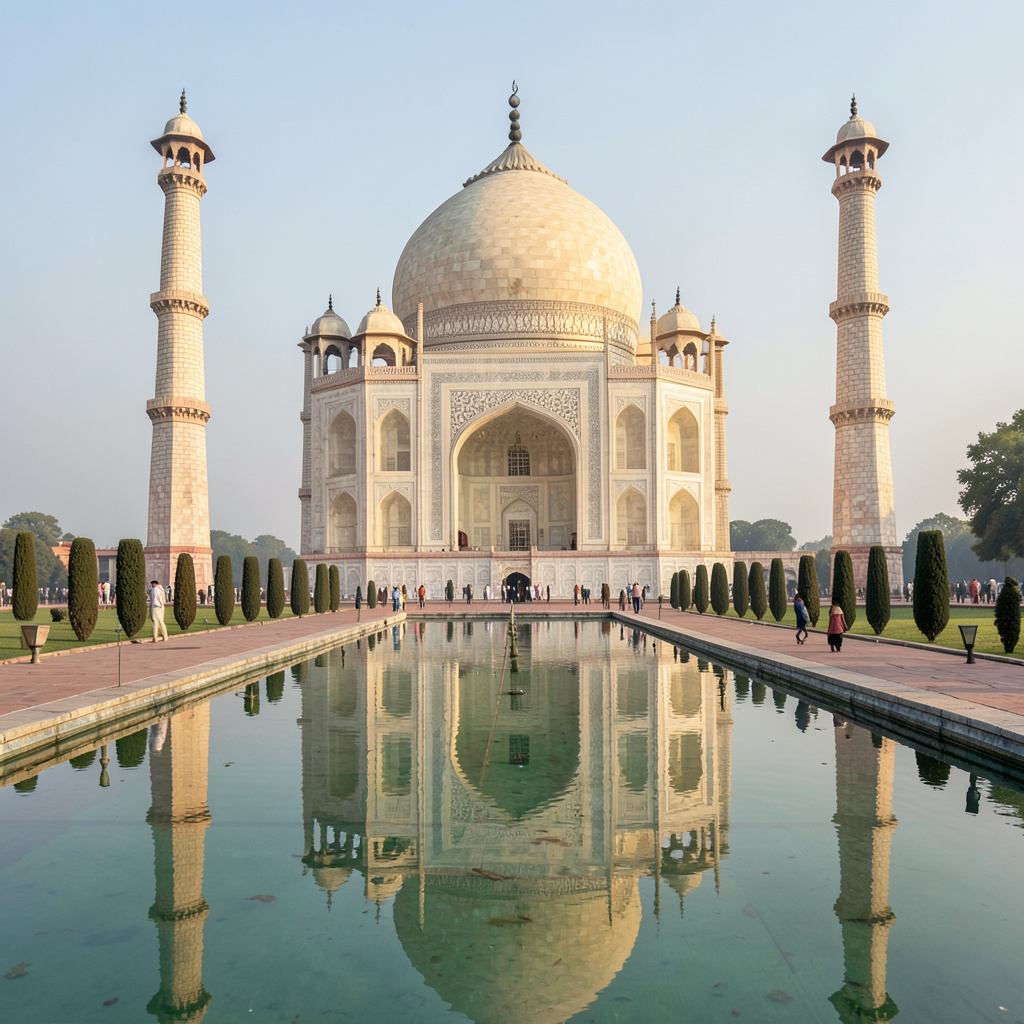 The Taj Mahal in Agra seen from the reflecting pool, with ac