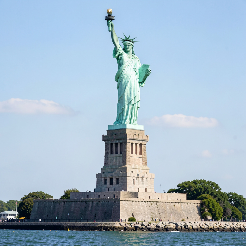 The Statue of Liberty on her island pedestal, with correct t