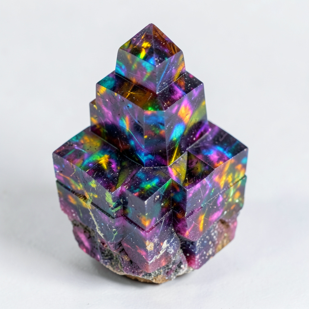 A specimen of bismuth crystal showing accurate iridescent ox