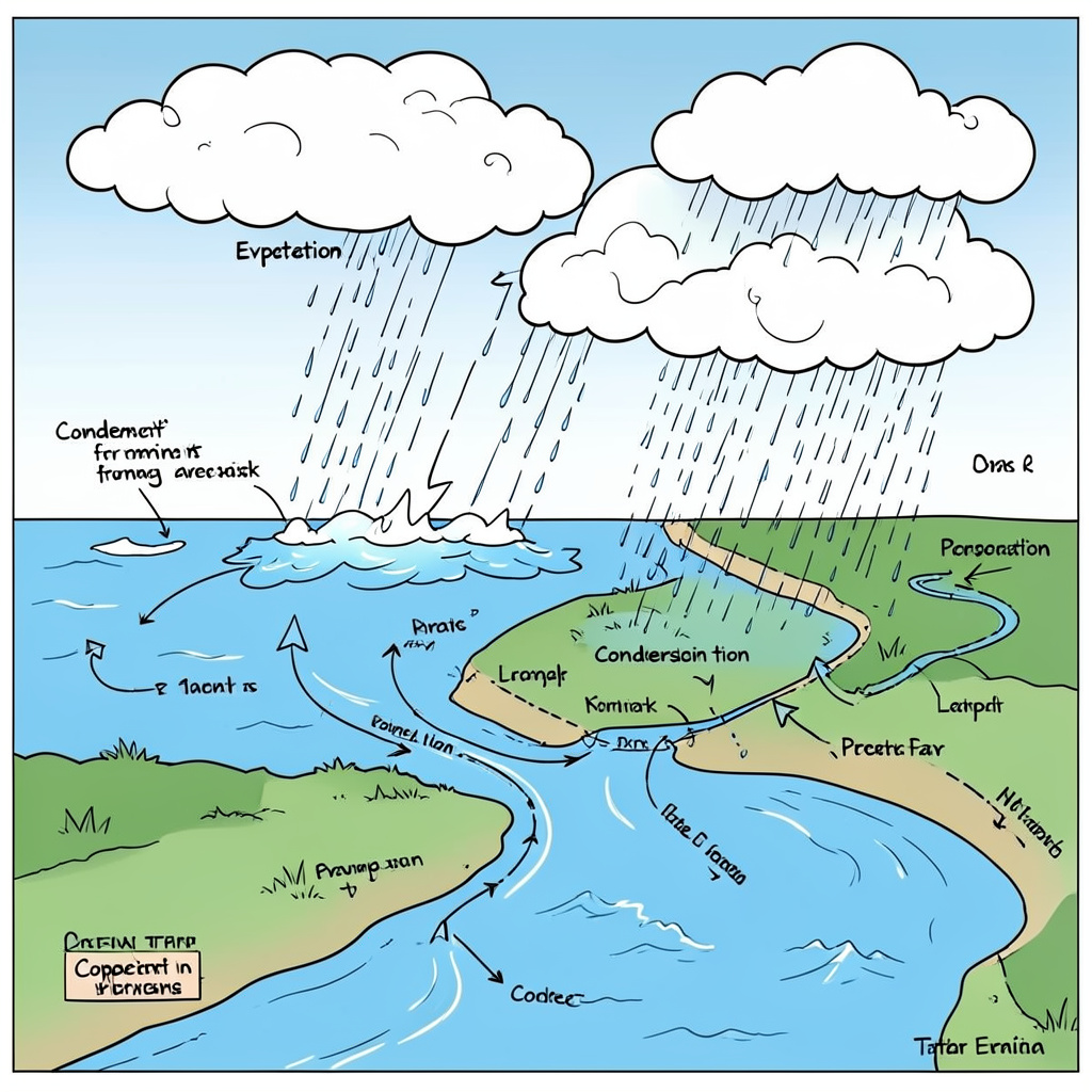 A detailed diagram of the water cycle showing evaporation fr