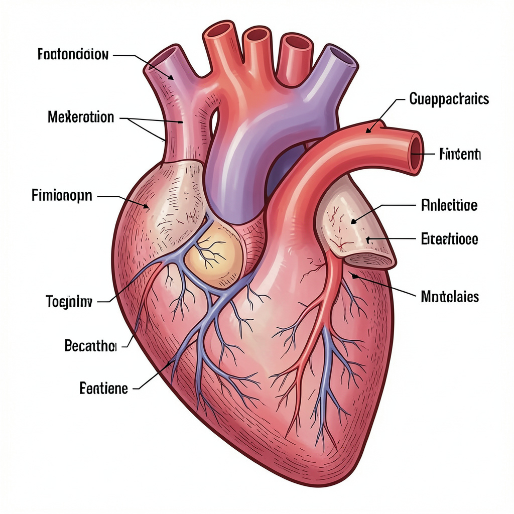 An anatomical illustration of the human heart showing four c
