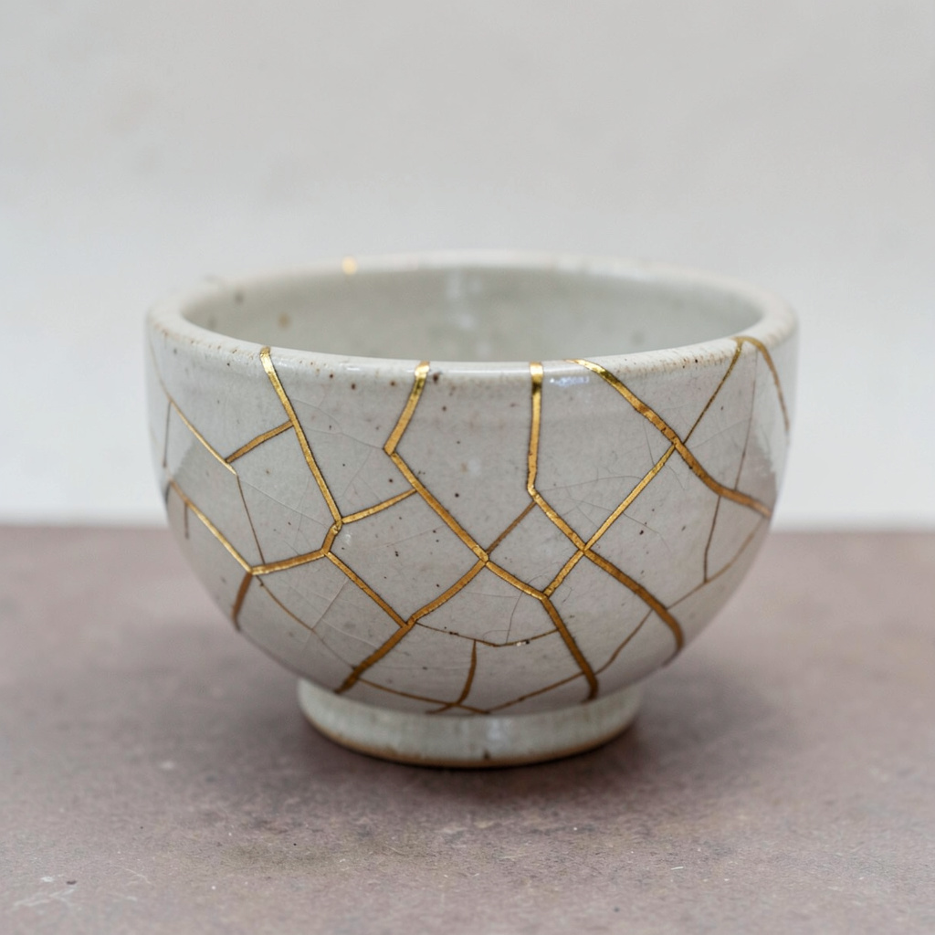A Japanese kintsugi bowl — cracked ceramic repaired with vis