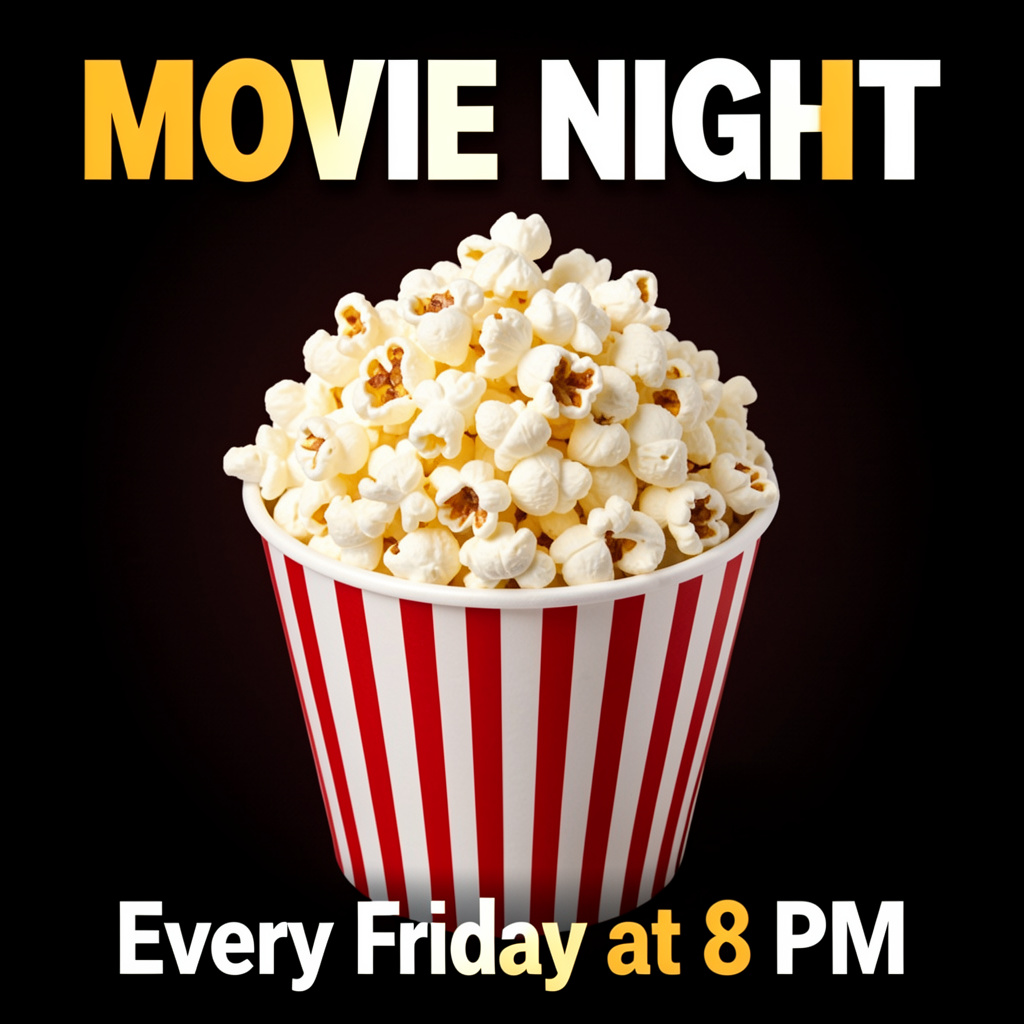 A movie night poster with a large popcorn image in the cente