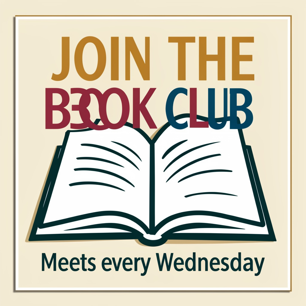 A book club poster with an open book illustration, the title