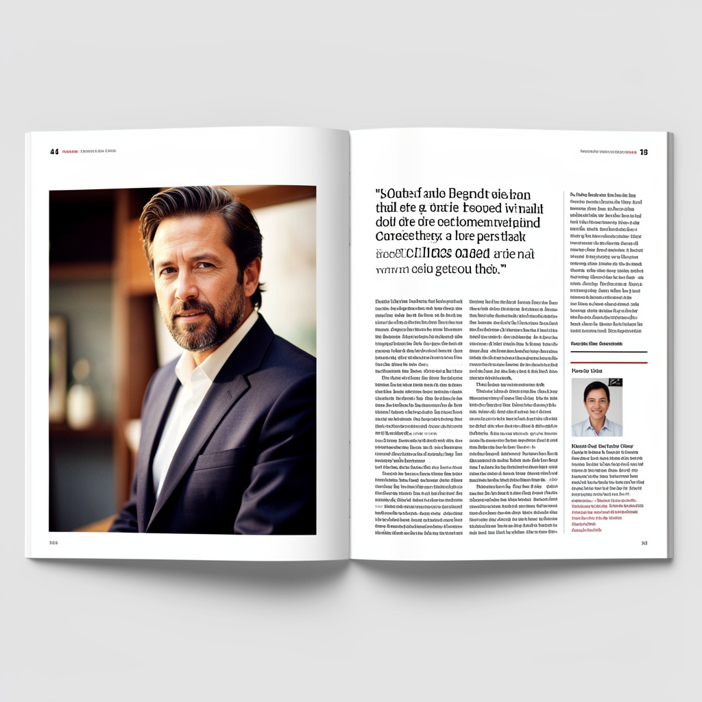 A magazine double-page spread with a left page containing a 