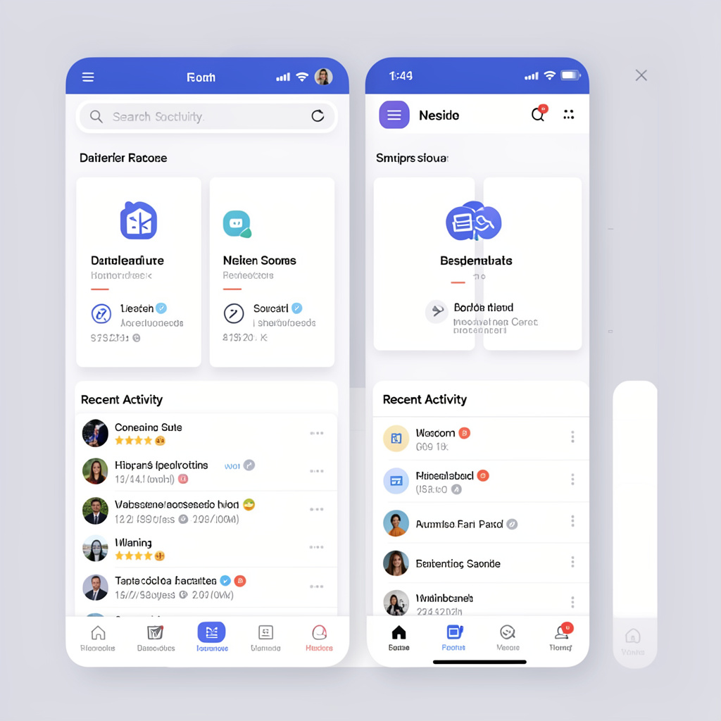 A mobile app UI mockup showing a dashboard with a top naviga