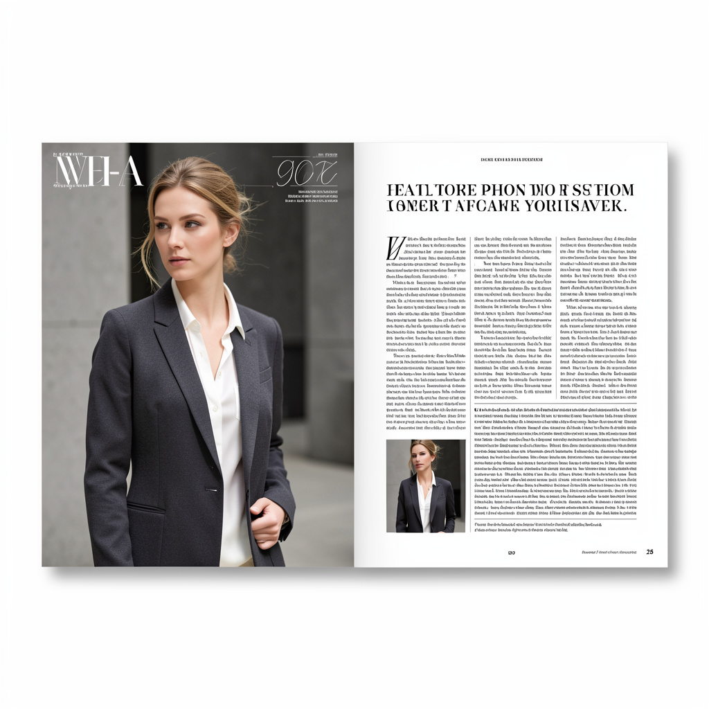 A fashion magazine spread with a full-bleed left-page photo,