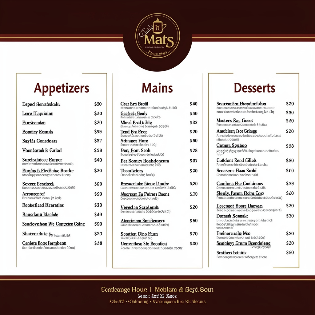 A restaurant menu layout with a logo header, three category 
