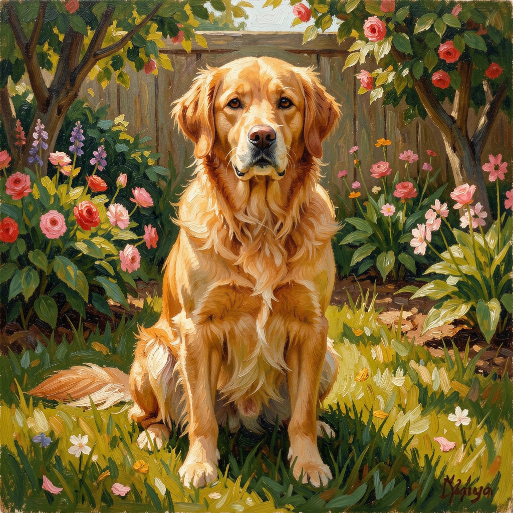 A golden retriever sitting in a garden, painted in the style