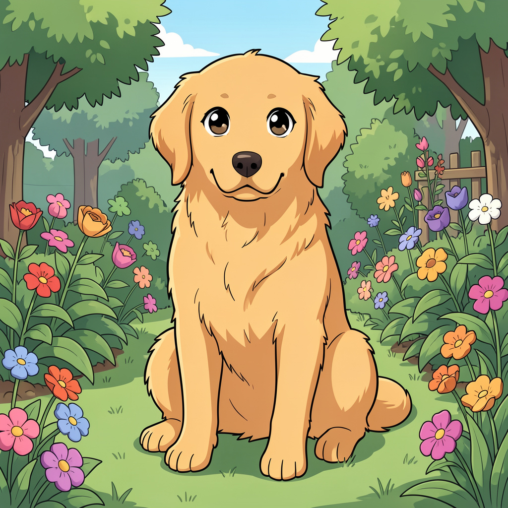 A golden retriever sitting in a garden, rendered in Japanese