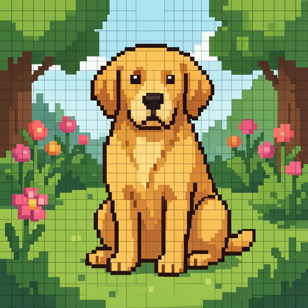 A golden retriever sitting in a garden, rendered in pixel ar