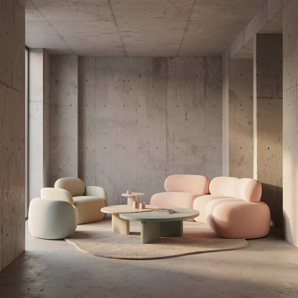 An interior scene rendered in soft brutalism — raw concrete 