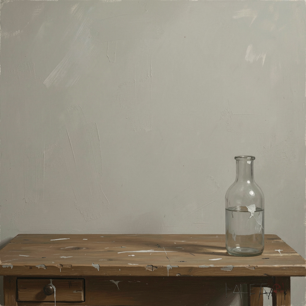 A still life painted in anxious minimalism — sparse composit